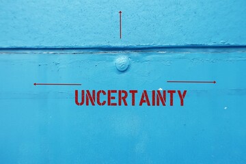 Blue painting wall with text and multi - directions to UNCERTAINTY, means lacking of certainty or...