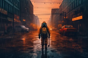 Fototapeta na wymiar An image showcasing a lone survivor wearing a protective hazmat suit, armed with weapons and navigating through the desolate streets. Generative Ai