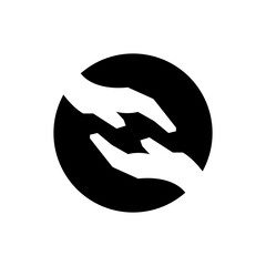 Black and white two identical open hands in helping pose simple icon for charity cause, human right project, non government organization, community reach, give back, solidarity for the ones in needs