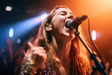 Close up of a beautiful woman rocking singer out at a concert at night, AI generated