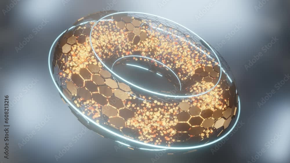 Poster loop 3d animation of abstract form. a torus, a ring of grids and hexagons, and glowing elements in s
