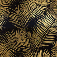 A repeatable pattern of golden tropical leaves. Seamless floral pattern.