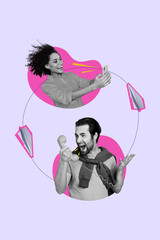 Vertical collage photo of young couple together conflict call connection communication bad message...