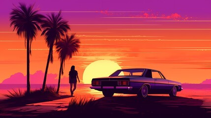 A nostalgic 80s scene at sunset, set on a sandy beach with palm trees swaying gently in the warm breeze. The sun dips below the horizon, casting vibrant shades of orange, pink and purple.