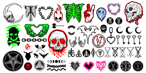 Big set of different Gothic style design for prints. Trendy style illustration. T-shirt print for Horror or Halloween. Hand drawing illustration isolated on background. Vector EPS 10