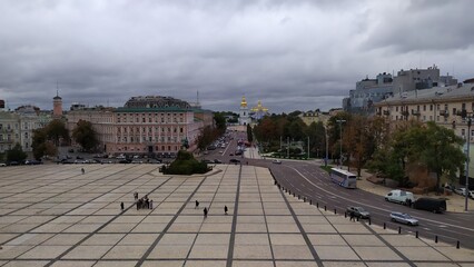 Fototapeta na wymiar Sophia Square in Kiev, next to St. Sophia cathedral and Bohdan Khmelnytsky Monument