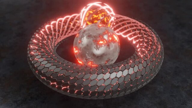 Loop zd animation of a metal background and a mysterious ring along which a round shape moves. Hexagon segments appear and disappear. The lines glow red.