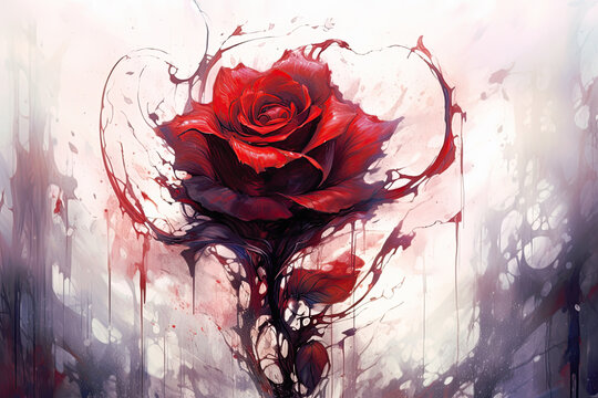 rose with red ink background, beautiful art, love and pain, Generative AI