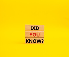 Did you know symbol. Wooden blocks with words Did you know. Beautiful yellow background. Business and Did you know concept. Copy space.