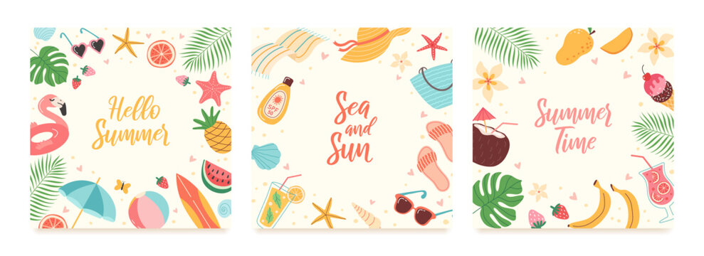 Set of vector summer cards with hand drawn tropical leaves, flowers, exotic fruits, seashells. Collection beach summer backgrounds. Modern template for poster, banner, social media post, cover.