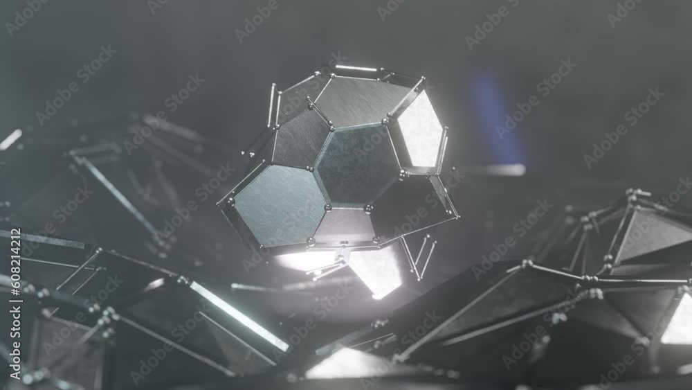Poster loop 3d animation of a fantastic surface, background and light-reflecting segments and a crystal in 