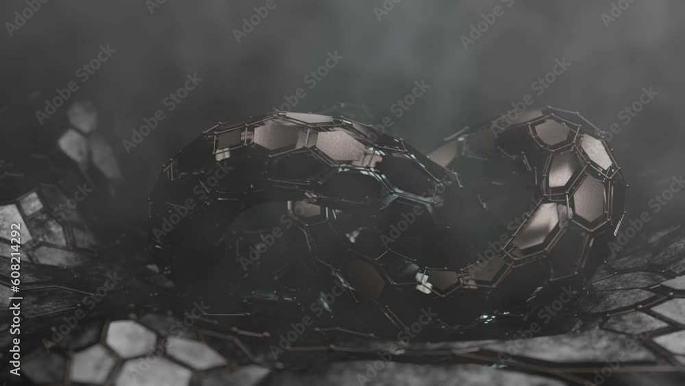Poster loop 3d animation of a futuristic landscape, a metal surface made of honeycombs. a mysterious node, 