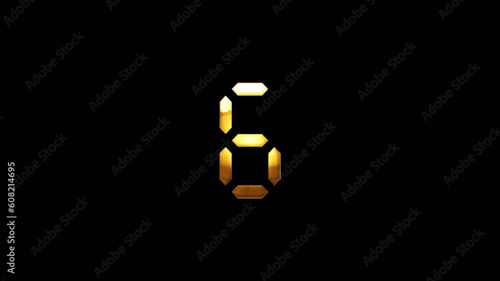 Poster loop digital number six golden shine light motion text with glitch effect animation on black abstrac
