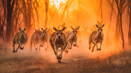 Kangaroos fleeing from a bushfire
