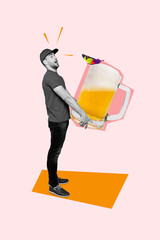 Image picture black white gamma collage sketch of funky positive man hold big size beer mug...