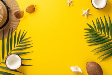 Embark on a tropical adventure with this mesmerizing top view flat lay. Sunhat, palm leaves, sunglasses, starfish, seashell, and a coconut on a vibrant yellow backdrop