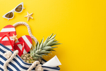 Immerse yourself in the summer vacation spirit with top view flat lay. Beach bag filled with pineapple, flip-flops, SPF lotion, and a seastar on a vibrant yellow background - obrazy, fototapety, plakaty