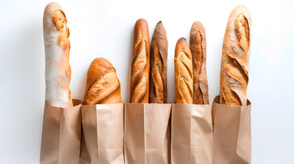 Fresh French baguette baking still life. Tasty bread patties in eco kraft paper bags. Rustic style...