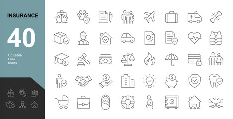 Insurance Line Editable Icons set. Vector illustration in modern thin line style of insurance icons: life, car, pet, intellectual property, and more. Pictograms and infographic