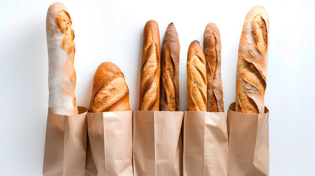 Fresh French baguette baking still life. Tasty bread patties in eco kraft paper bags. Rustic style bakery poster.Pastry natural organic food