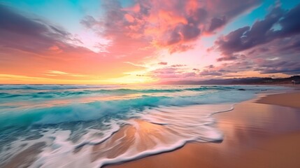 Naklejka na ściany i meble Breathtaking sunset over a serene coast. Beautiful illustration picture. Generative AI