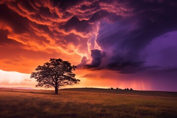 Fototapeta na wymiar Fiery red and purple clouds. Tree on the field. Beautiful illustration picture. Generative AI