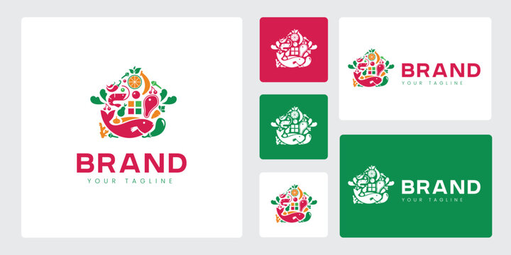 Set of Logos Depicting Food Stores Such as Vegetables, Meat, Fish, and Spices, Arranged to Resemble a House or Shop. This Logo is Suitable for Brand Companies About Food Ingredients.