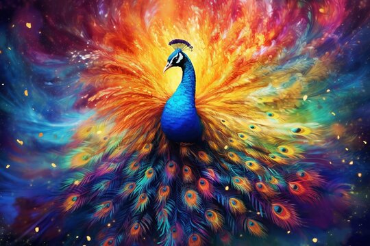 Surreal image of a vibrant peacock with colorful wings. Beautiful illustration picture. Generative AI
