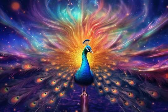 Surreal image of a vibrant peacock with colorful wings. Beautiful illustration picture. Generative AI
