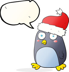 freehand drawn speech bubble cartoon penguin in christmas hat