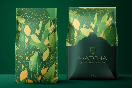 Generative AI. Green tea matcha powder packaging design concept. Set of vector illustrations of healthy organic beverage, сup and glass of drink matcha latte. Branches of tea plant with leaves. Mockup