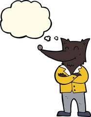 cartoon wolf in shirt with thought bubble