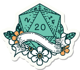 sticker of a natural twenty D20 dice roll
