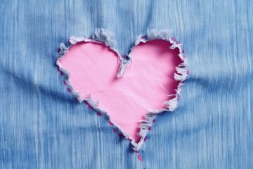 Naklejka na ściany i meble Pink heart shape torn from blue denim jeans fabric with copy space. Generative AI