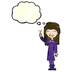 cartoon friendly witch girl with thought bubble