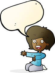 cartoon shocked woman on knees with speech bubble