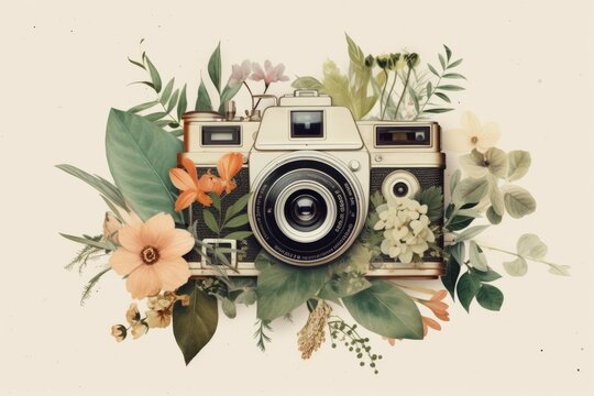 Vintage camera with plants. Beautiful illustration picture. Generative AI