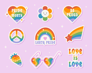 Set of LBGTQ retro stickers. Vintage collection of clip art rainbow pride symbols. LGBT rights symbol. Vector illustration.