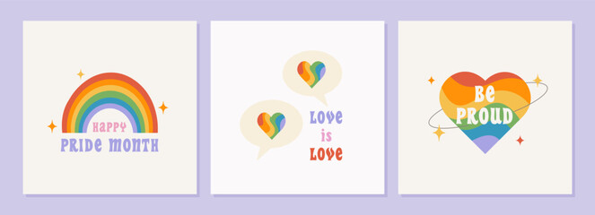 Vector set of retro greeting cards for Pride Month. LGBT colorful backgrounds in vintage groovy hippie style. LGBT rainbow flag, heart shape. Social media stories template.