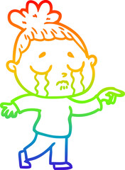 rainbow gradient line drawing of a cartoon crying woman pointing