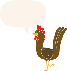 cartoon rooster with speech bubble in retro style