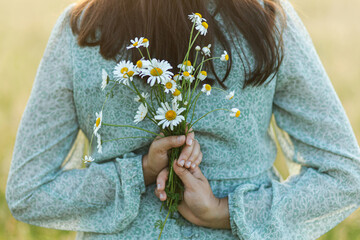 Woman holding daisy bouquet at back in evening summer countryside, close up. Carefree atmospheric...