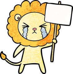 cartoon crying lion with placard