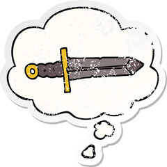 cartoon sword with thought bubble as a distressed worn sticker