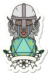 sticker of a crying elf fighter character face with natural one D20 roll