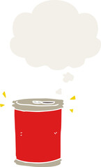 cartoon soda can with thought bubble in retro style