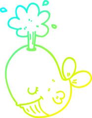 cold gradient line drawing of a cartoon spouting whale