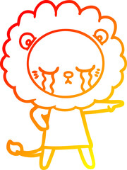 warm gradient line drawing of a crying cartoon lion