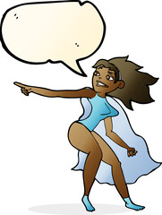 cartoon superhero woman pointing with speech bubble