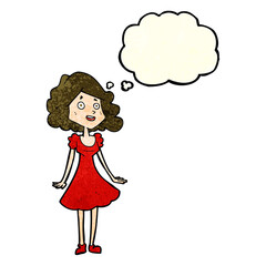cartoon happy woman in dress with thought bubble